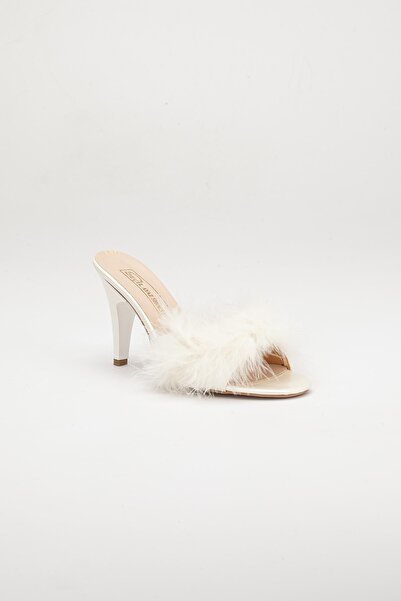 ERY Papuci de casa pentru rochie de mireasa si de seara cu toc crem cu pene de 5 cm