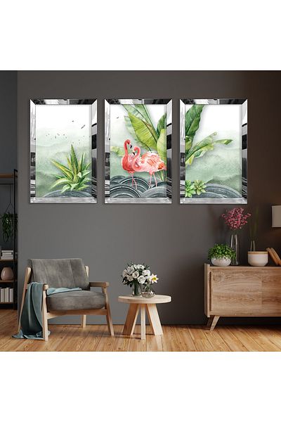 Zevahir Mobilya Dekorasyon Set de picturi din MDF triplu abstract cu model flamingo cu cadru din plexiglas cu oglindă argintie