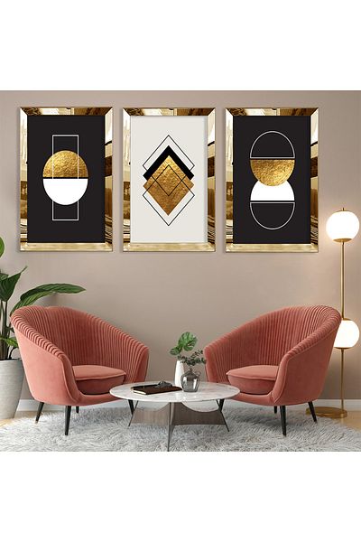 Zevahir Mobilya Dekorasyon Set de pictură MDF triplu cu margini din plexiglas auriu
