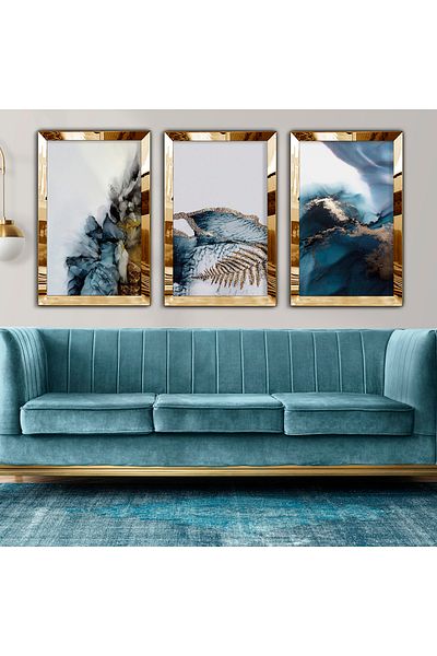 Zevahir Mobilya Dekorasyon Gold Mirrored Plexiglass Framed Collage Drawing Triple Mdf Painting Set