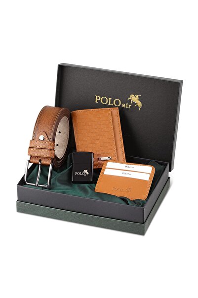 Polo Air Dama Desen Cüzdan Kendinden Kartlık Kemer Çakmak Kombin Taba Set