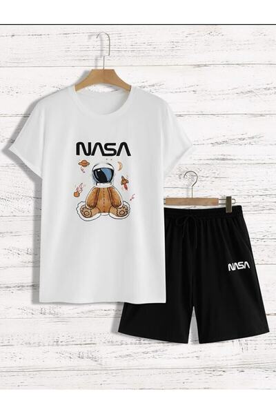 NO 601 Teddy Bear Nasa Φαρδιά Εφαρμογή Λευκό μπλουζάκι oversize και μαύρο χτε...