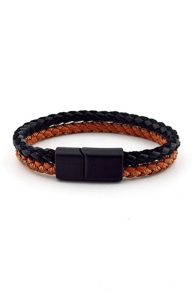 Solfera Men's Tan Black Leather Rope Braided Black Magnet Bracelet Bt379
