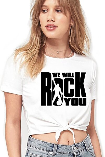 ROCKANDROLL Just Rock You White Cut Crop Top δεμένο γυναικείο μπλουζάκι 1M1TW...