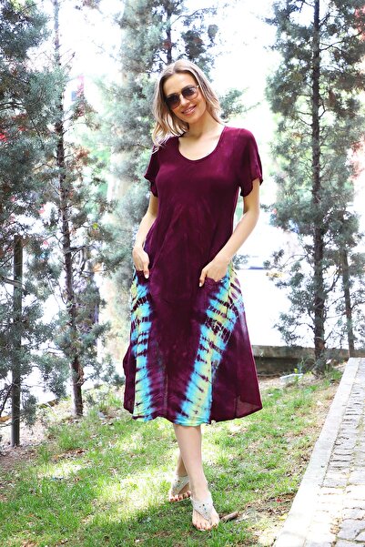 Genel Markalar Kadın Bordo Yarım Kollu V Desenli Batik Elbise 4137