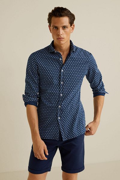 MANGO Man Cămașă pentru bărbați, albastru indigo, slim fit, cu modele geometrice53030527