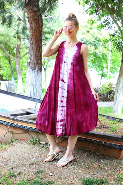 Genel Markalar Kadın Bordo Uzun Çan Boyuna Desenli Batik Elbise 4134