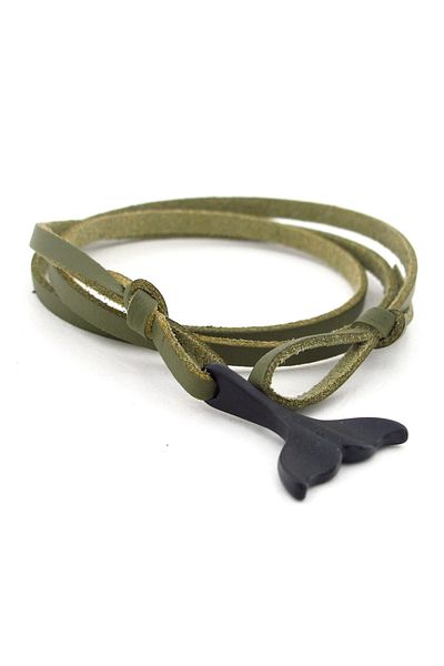 Solfera Black Metal - Whale Tail Khaki Green Leather Men's Bracelet Bt577