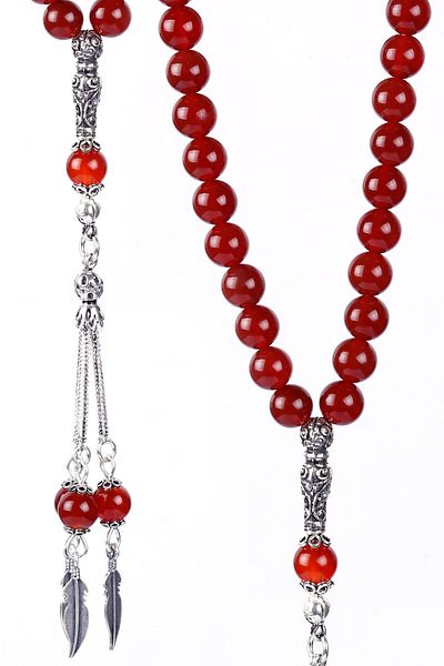 TESBİHCİBABA Silver Design Crystal Cut Red Agate Rosary Tb1654
