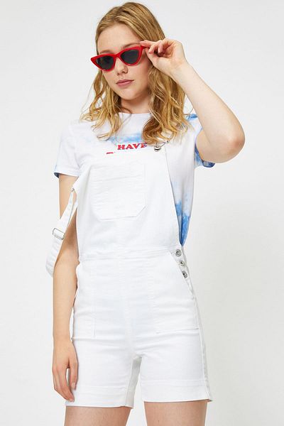 Koton Women's White Sleeveless Jean Jumpsuit with Pocket Detail