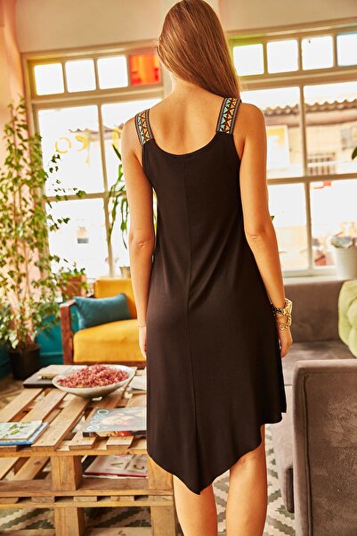 Olalook Kadın Siyah Etnik Askılı Asimetrik Elbise ELB-19000612