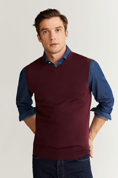 MANGO Man Ανδρικό Γιλέκο Βουργουνδί Χρώμα 100% Μαλλί Merino53070496