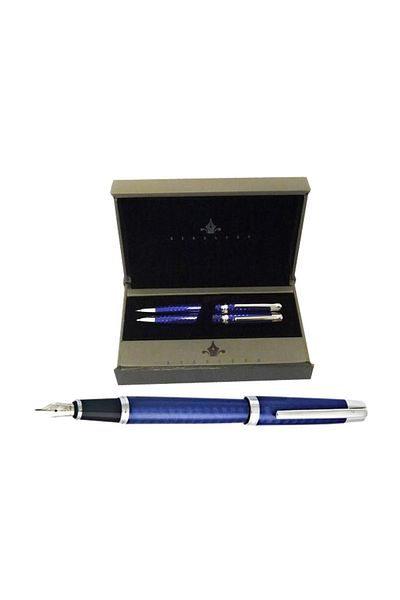 STEEL Blue Lacquer Chrome Ballpoint Pen Set - Fountain Pen Set