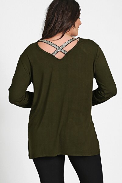 Moda Cazibe Women's Khaki Back Cross Gold Sequin Stripe Long Sleeve Blouse M9280