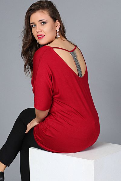 Moda Cazibe Γυναικεία μπορντό πλάτη Χαμηλή παγιέτα μπλούζα με μισό μανίκι M9313