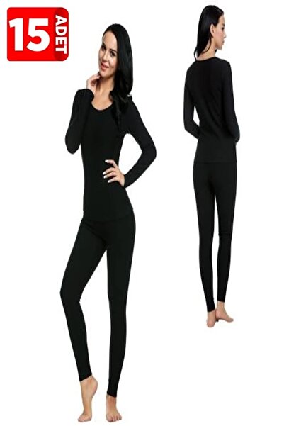 KOTA Kadın Siyah Battal Beden Uzun Kol Termal İçlik Takım 15'Li Paket