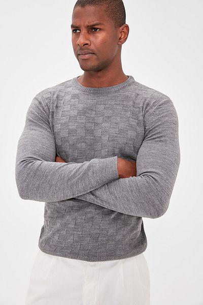 Trendyol Collection Gray Slim Slim Fit Crew Neck Textured Knitwear Sweater Tmnaw20Mg0005