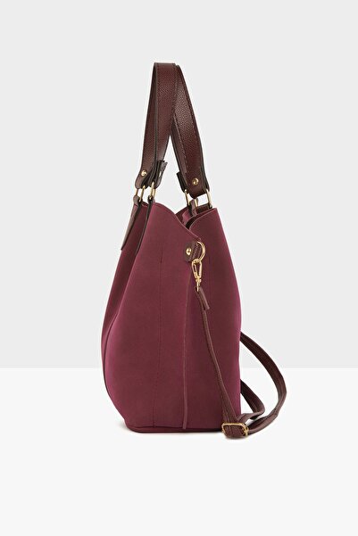 Bagmori Claret Red Women's Three-Compartment Nubuck Bag with Snap Fastener Detail M000003554