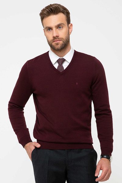 Pierre Cardin Men's Claret Red Slim Fit Basic Knitwear Sweater