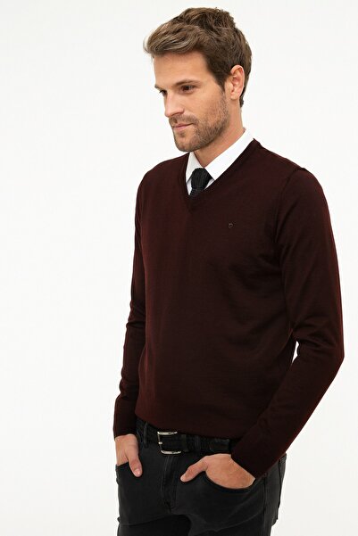 Pierre Cardin Men's Claret Red Slim Fit Basic Knitwear Sweater