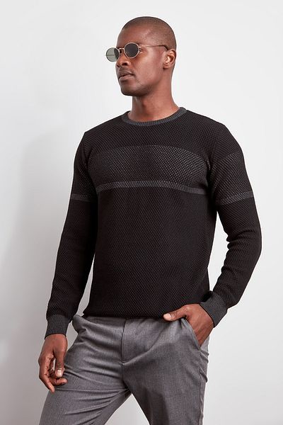 Trendyol Collection Μαύρο λεπτό λεπτό πουλόβερ Crew Neck Colour Block TMNAW20LS0036