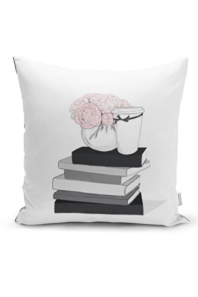 Realhomes Gül Kitap ve Kahve Tasarımlı Dijital Baskılı Yastık Kırlent Kılıfı