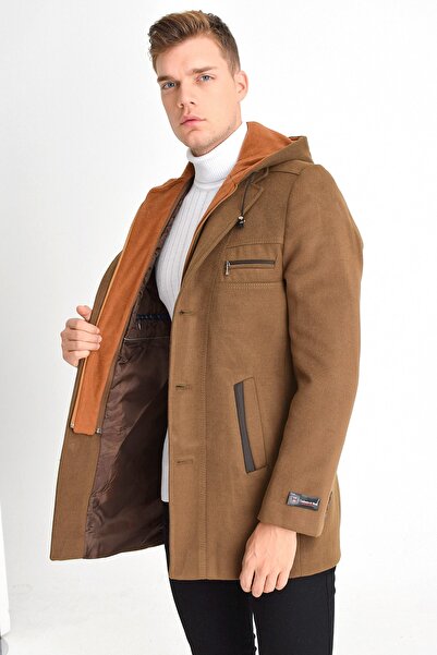 DYNAMO Мъжко кафяво палто от смесена вълна, с качулка, цип отпред и копчета