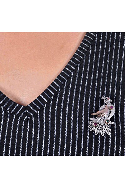 Midyat Nurtaş Gümüş Kadın Tavus Kuşu Model 925 Ayar Gümüş Oksitli Telkari Bro...