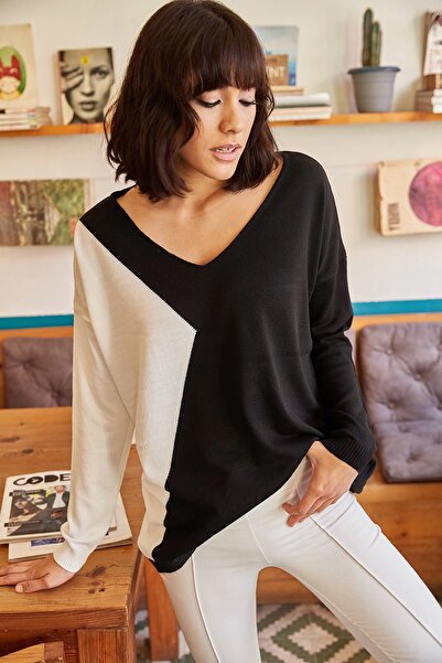 Olalook Women's Black Blocked V-Neck Casual Knitwear Sweater KZK-19000065