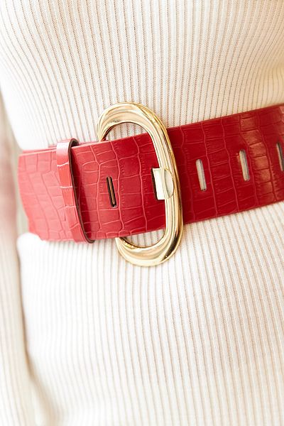 Olalook Women's Red Thick Buckle Faux Leather Belt KMR-19000025