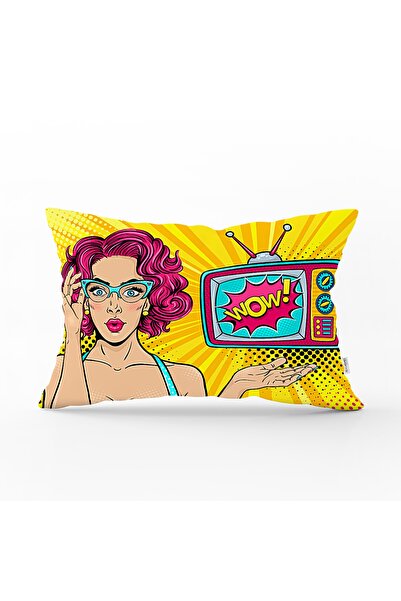Realhomes Pop Art Wow Desenli Özel Tasarım Dekoratif Dikdörtgen Yastık Kırlen...