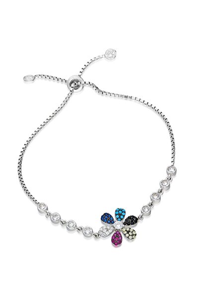 Nereze 925 Ayar Asansörlü Renkli Çiçek Bileklik Kadın Gümüş Bileklik