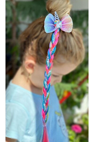 QUEEN AKSESUAR Unicorn Simli Fiyonk Parlak Uzun Örgü Lastikli Çocuk Saç Posti...