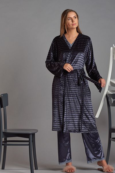 Sevim Γυναικείο μονό ρόμπα Navy Blue ριγέ