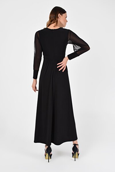 Laranor Kadın Siyah Tül Kolda Yırtmaç Detay Elbise 19L6701