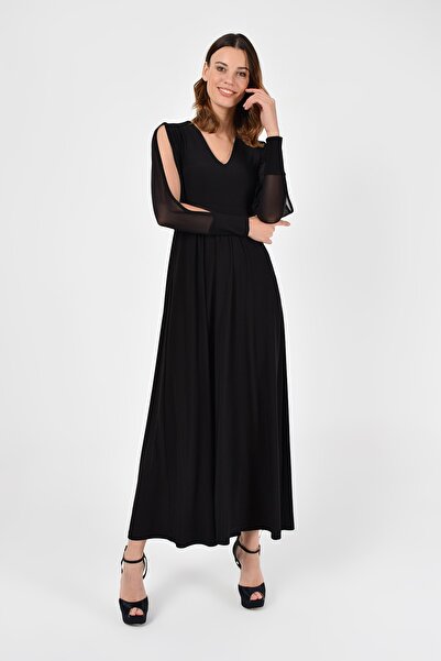 Laranor Kadın Siyah Tül Kolda Yırtmaç Detay Elbise 19L6701