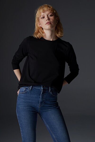 Urban Muse Kadın Siyah Sıfır Yaka Uzun Kollu Siyah Tshirt Urban711