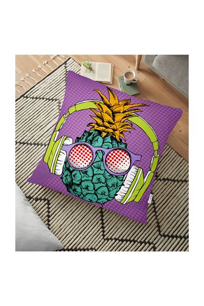 Realhomes Pernă de podea imprimată digital cu model de ananas tropical pe fundal violet - 70 X 70 cm