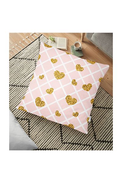 Realhomes Pernă de podea cu design special inimioare aurii colorate pulbere în carouri - 70 X 70 cm
