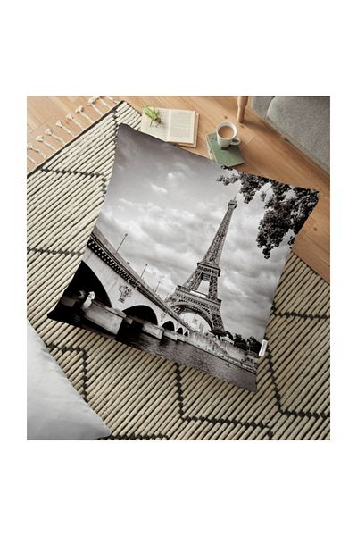 Realhomes Pernă de podea cu design modern alb-negru Paris Eiffel - 70 X 70 Cm