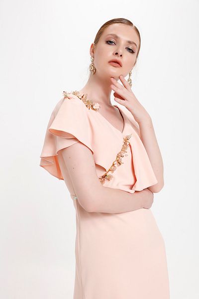 minel aşk Salmon Color, flounced, Embroidered Detailed Evening Dress