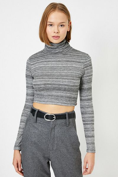 Koton Schwarz gestreiftes T-Shirt für Damen 0YAL18609IK