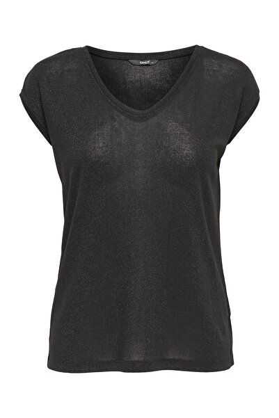 ONLY Kadın Siyah Kısa Kollu V Yaka T-Shirt 15136069 ONLSILVERY