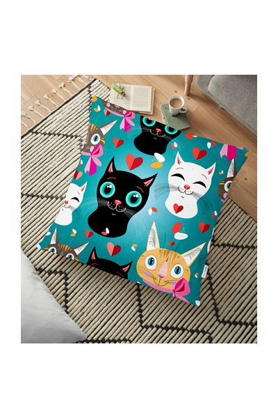Realhomes Pernă cu design modern pentru pisici și animale cu fundal turcoaz și model de pisoi - 70 X 70 cm