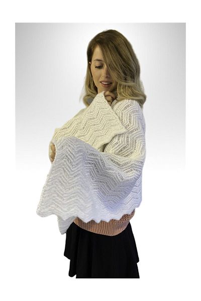 Ocean White Zigzag Patterned Knitwear Knitted Shoulder Shawl
