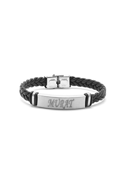 Tesbihane Kişiye Özel İsim Yazılı Çelik-Deri Bileklik (Model-2) 104000475