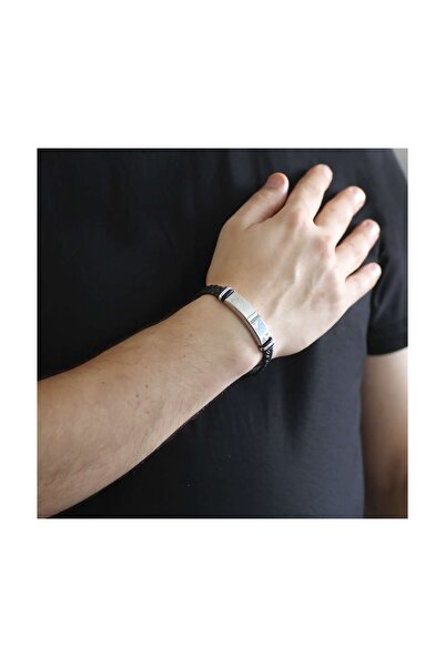 Tesbihane Kişiye Özel İsim Yazılı Çelik-Deri Bileklik (Model-2) 104000475