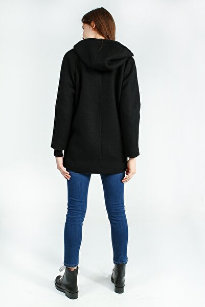 Collezione Siyah Kapişonlu Yan Fermuar Detaylı Kaşe Kadın Kaban