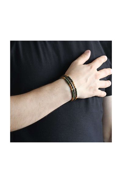 Tesbihane Wooden-Onyx Stone Yellow-Green Color Steel Men's Bracelet104000489