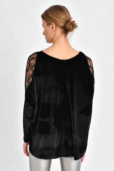 Quincey Βελούδινη μπλούζα με λεπτομέρεια ώμου Μαύρη BDM2521